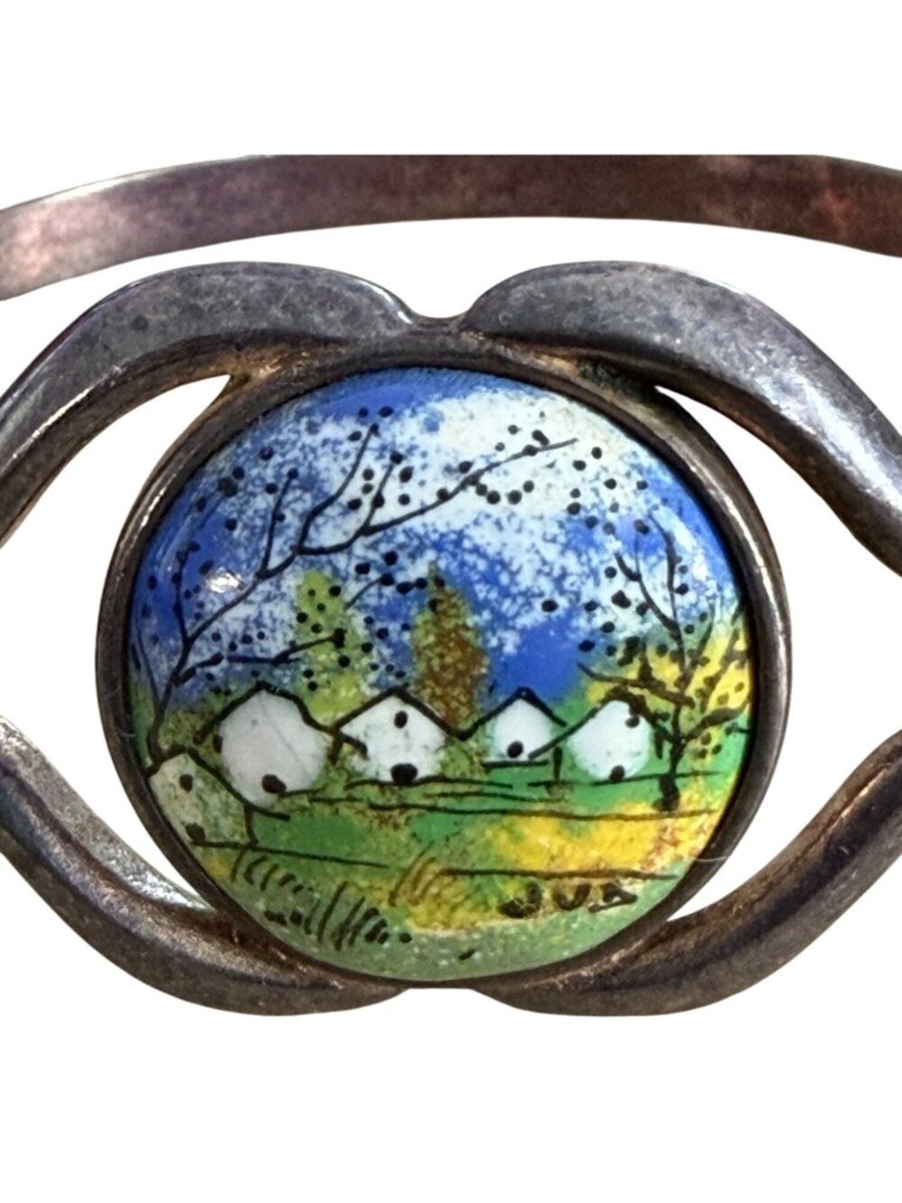 Vintage European Mid-Century Modern Enamel Landscape Hinged Bracelet Signed JUB - Picture 4 of 10